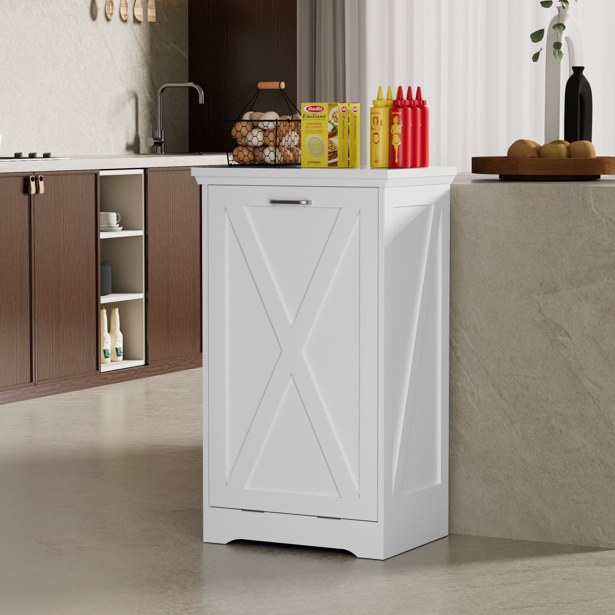 13-Gallon Tilt-Out Trash Can Cabinet, Hidden Trash Bin with Deodorizing & Negative Ion Technology, Pet-Proof Design for Kitchen, Dining Room, Living Room, White