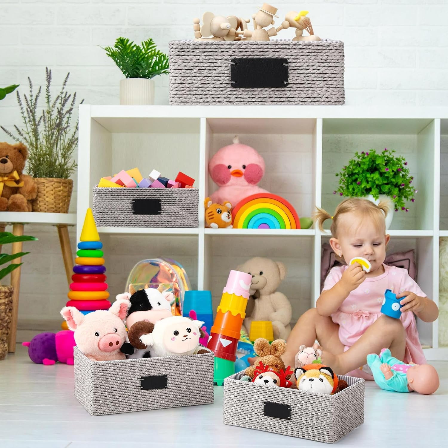 4 Pcs Woven Storage Baskets for Shelves Paper Rope Organizer Recycled Wicker Organizing Basket with Label Liner Large and Small Decorative Multifunctional Bins for Shelves Cupboards Drawer(Grey)