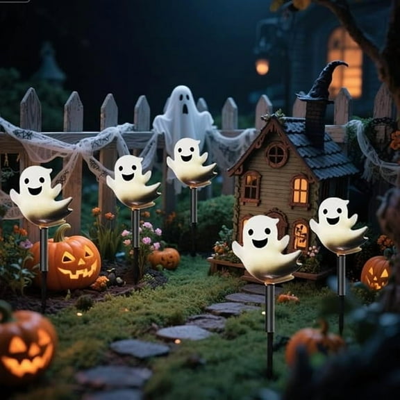 Btomtd 5pcs Solar Halloween Ground Lights Outdoor Insertion Lamp with Pumpkin Ghost and Skull Decor Solar Powered LED Light for Courtyard Pathway Lighting, White