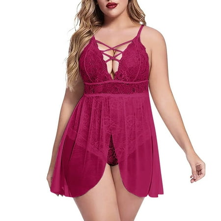 Sngxgn Women Lingerie Lace Chemise Ruffle Nightgown Sleepwear(Hot Pink XXL)