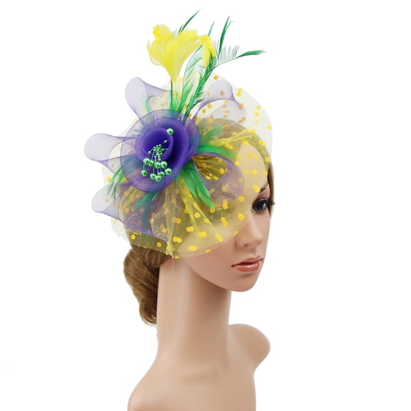 HEVIRGO Faux Pearls Decor Dot Print Fascinator Hat Metal Clip Mesh Flower Feather Decor Party Headwear Hair Accessories Green Net