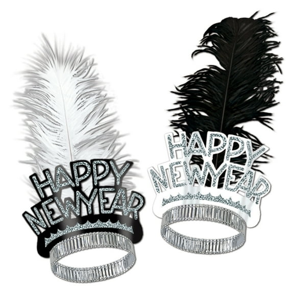Beistle Club Pack of 50 Black and Silver Foil Happy New Year Glitter and Feather Tiaras