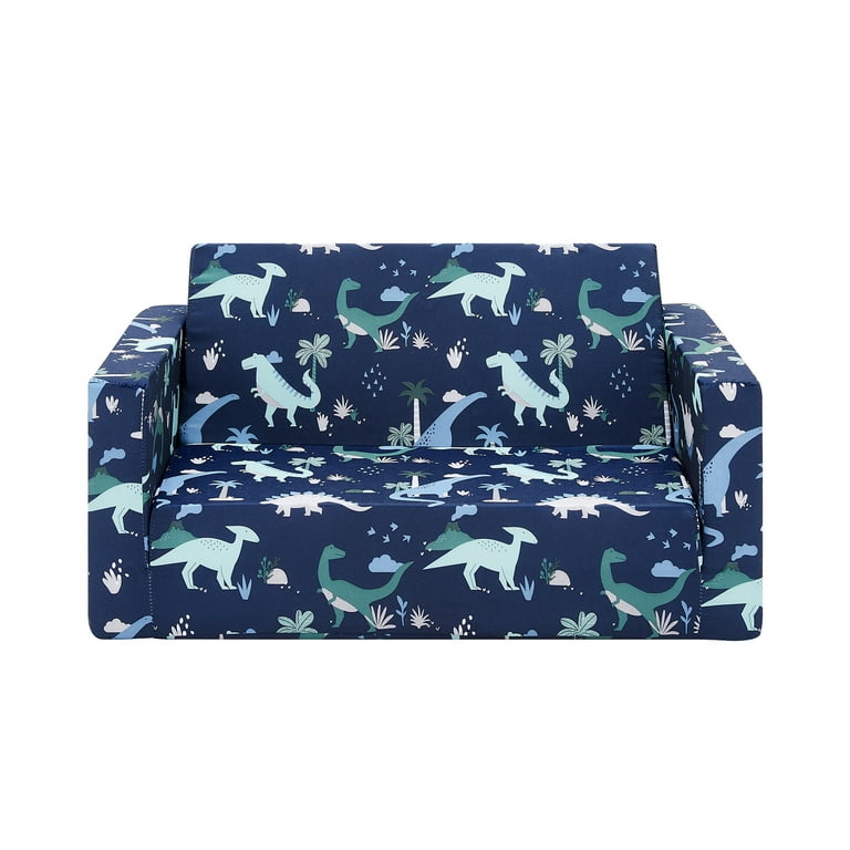 Ulax Furniture Convertible 2 in 1 Flip Open Kids Loveseat Couch Sleeper Sofa Navy Dinosaur