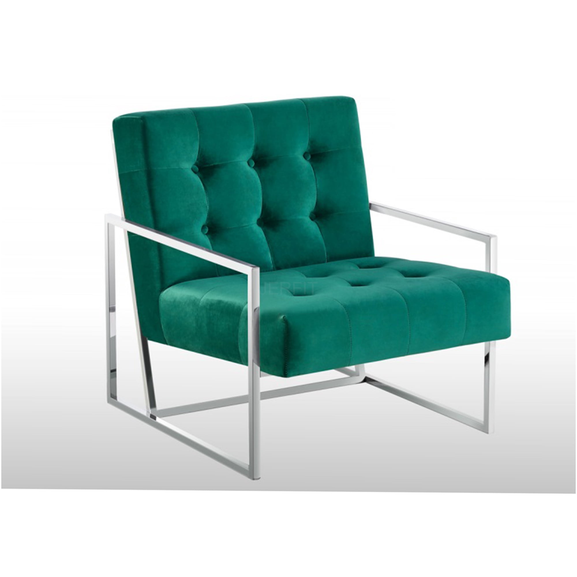 JERFIT Modern Velvet Accent Chair for Living Room, Tufted Glam Armchair with Chrome Metal Frame, Green Mid-Century Seating