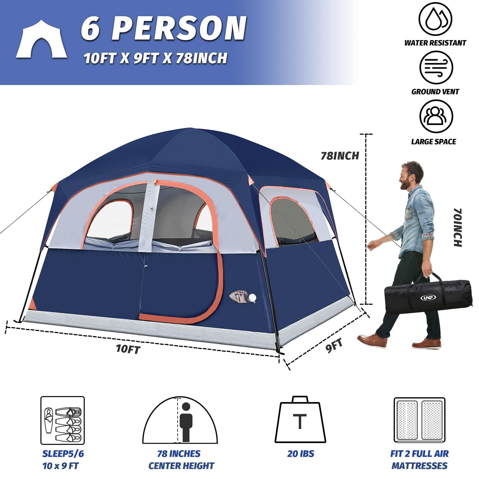 Tents 6 Person Waterproof Windproof Easy Setup Double Layer Family Camping Tent With 1 Mesh Door & 5 Large Windows -10'x9'x78in(h)