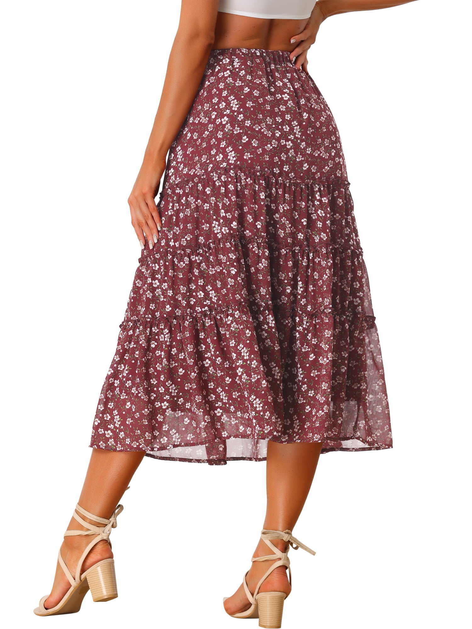 DARING DIVA Women's Chiffon Tiered A-Line Maxi Skirt S Brown