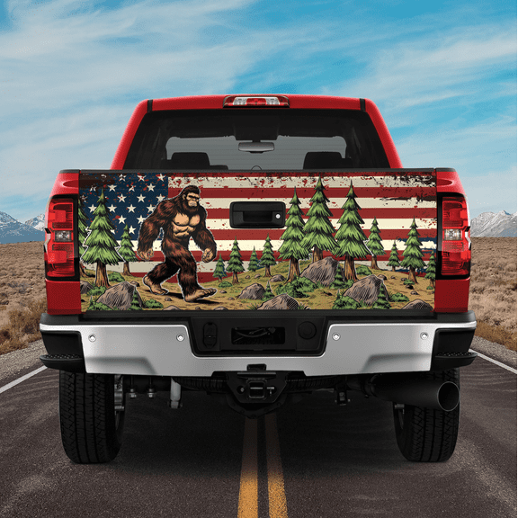 Lotusprinthandmade Bigfoot Forest With America Flag Tailgate Wrap 2 Sizes (24"x58"), Bigfoot-Themed Patriotic Truck Wrap