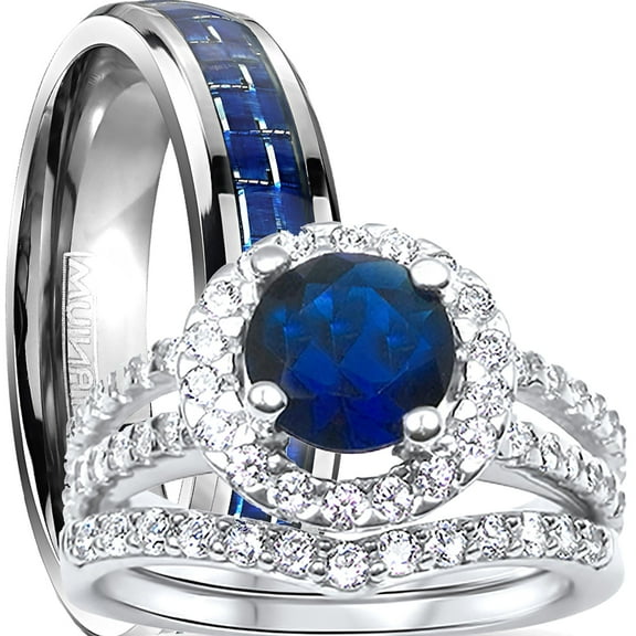 LaRaso & Co Trio His Her Wedding Ring Set, Silver Titanium Wedding Bands, Simulated Sapphire Bridal Rings Men Women 5/9