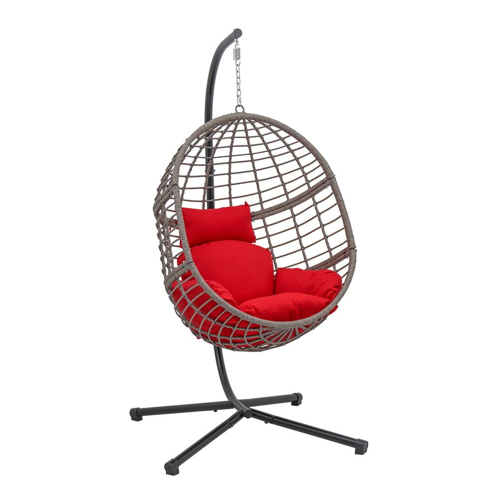 Abble Indoor Outdoor Wicker Hanging Egg Chair with Stand, Gray Swing Chair with Red Cushion