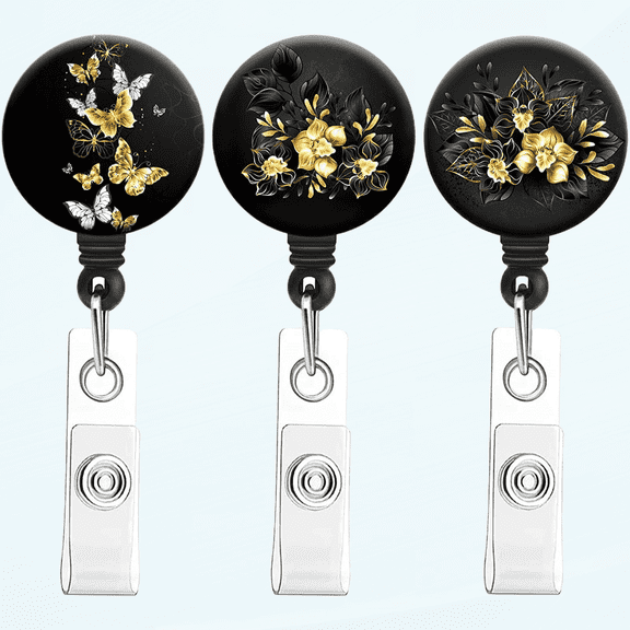 Retractable Badge Reel Clip, Nursing Badge Reels with Alligator Clip,Cute Badge Holder Name Decorative Badge Clip on ID Card Holders(3pack Golden Flowers)
