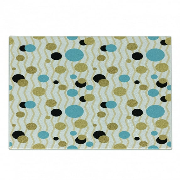 Abstract Cutting Board, Trippy Geometric Circles Dotted Yellow Rounds on Zig Zag Lines Background Art Print, Decorative Tempered Glass Cutting and Serving Board, Small Size, Aqua, by Ambesonne
