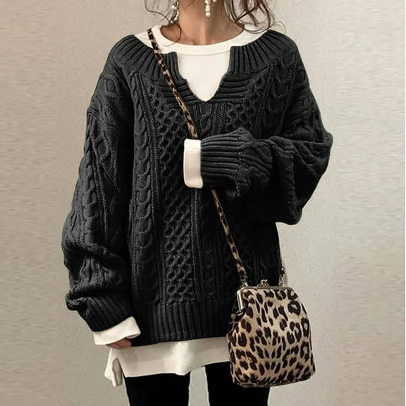Odbmxy V-Neck Oversized Sweaters for Women Long Sleeve Pullover Chunky Women Sweater Knitted Black Casual Solid Sweaters
