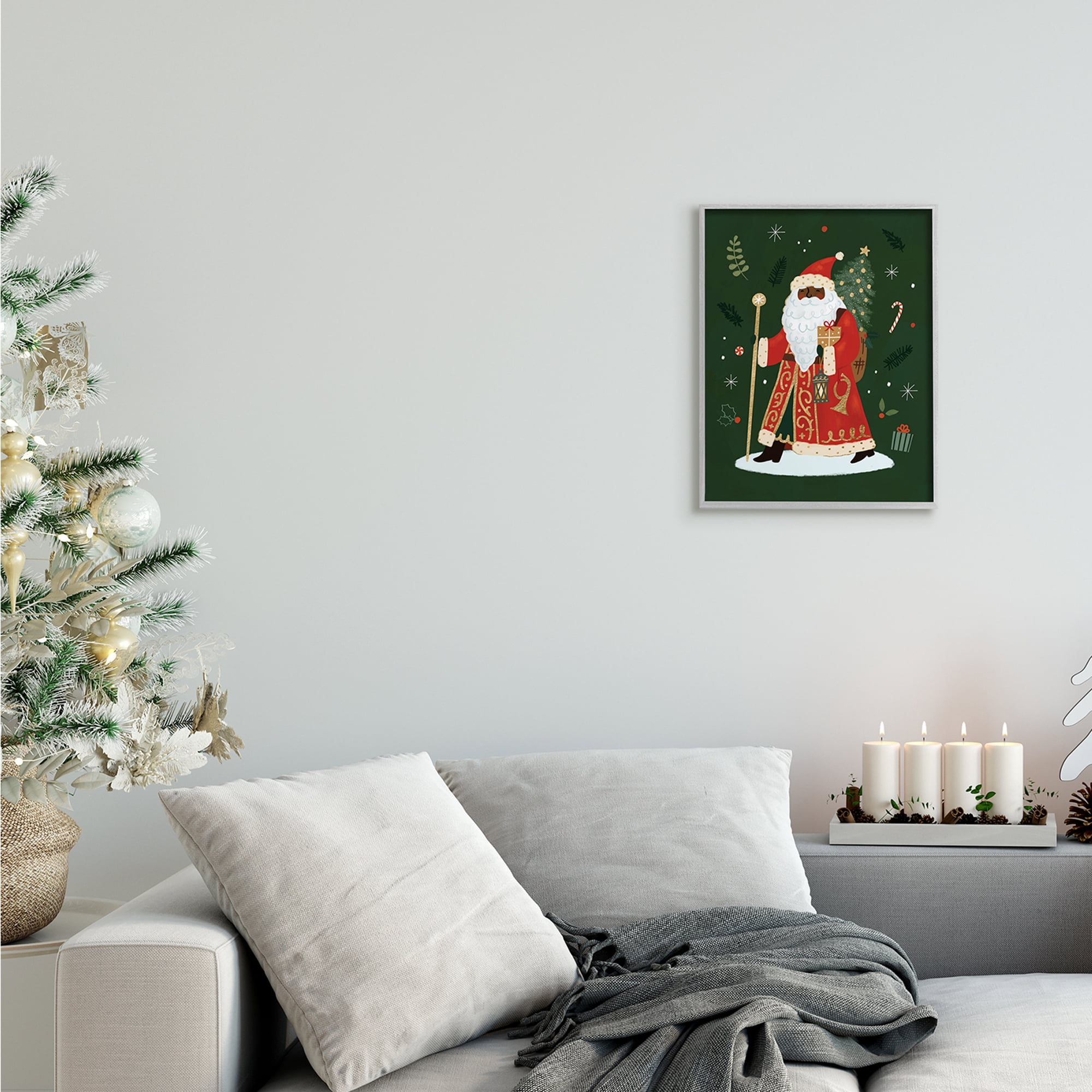 Green and Gray Santa Claus Holiday Framed Giclee Texturized Christmas Wall Art 14" x 11"