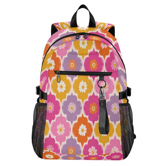Full‑Print Casual Laptop Backpack, 20L Water‑Resistant Twill Tote Daypack with 14 Inch Computer Compartment for School Business Travel Grid Floral Pattern