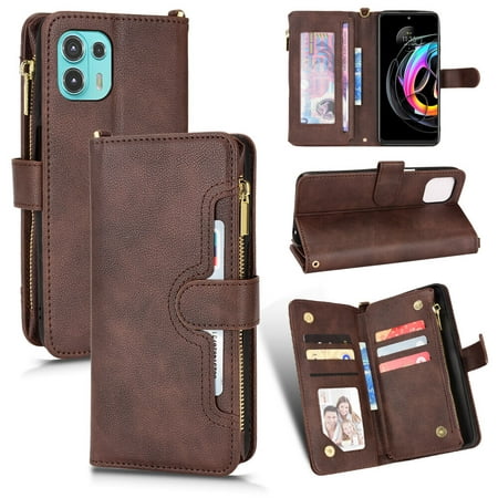 Case for Motorola Edge 20 Fusion Cover Zipper Magnetic Wallet Card Holder PU Leather Flip Case - Brown
