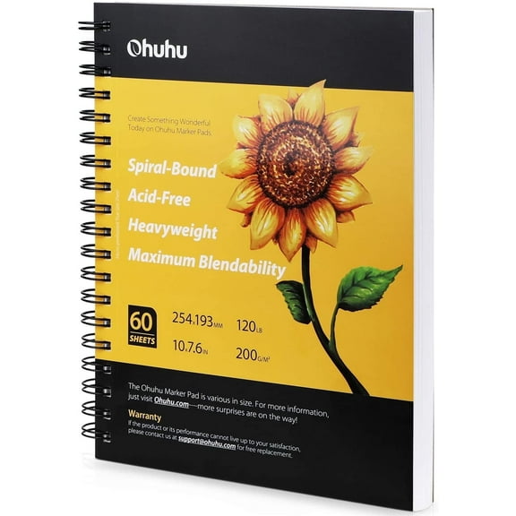 Ohuhu Marker Sketchbook, 7.6"x10", Smooth Drawing Papers, 60 Sheets, Spiral Bound for Alcohol Markers