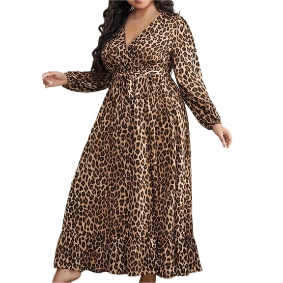 Women's Plus Size Leopard Print Surplice Maxi Dress Belted Stretch Fit Easy Care 95% Polyester 5% Spandex Imported