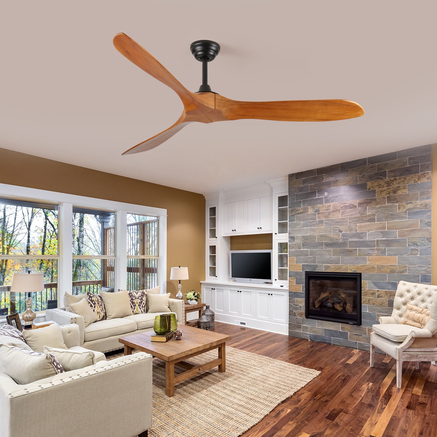Ceiling Fan, 60 Inch Farmhouse Black Wood Remote Ceiling Fan for Living Room Patio Indoor Outdoor, Black