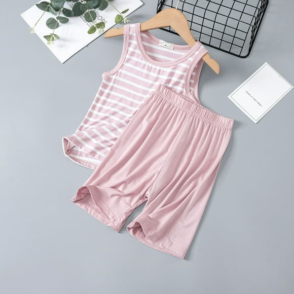 PMVFHDE Boys Outfits&Set Children's Striped Tank Shorts Two Piece Summer Boys Loose Sleeveless Pajamas Thin Girls Air Conditioned Loungewear Boy Clothes Pink,150