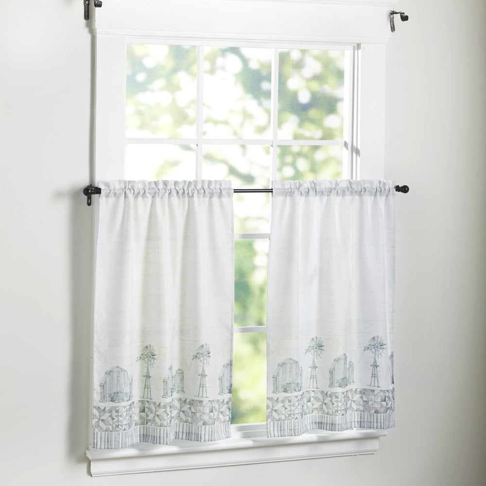 Farmhouse Window Curtain Tiers Barn and Windmill Print Kitchen