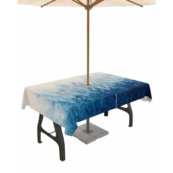 Outdoor Tablecloth with Umbrella Hole for Patio/Picnic/Party/Camping, Blue Botanical Waterproof Table Cloth Rectangle Table Cover Washable, Spring Summer Farmhouse Retro Beige 54"x 80"