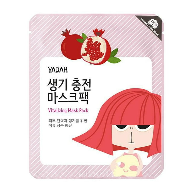 Yadah Vitalizing Mask Pack 1 PC in a pink-striped sachet featuring a red-haired cartoon girl holding a smiling face mask and pomegranate illustrations, highlighting natural cotton sheet and moisturizing skin vitality benefits for dull skin.