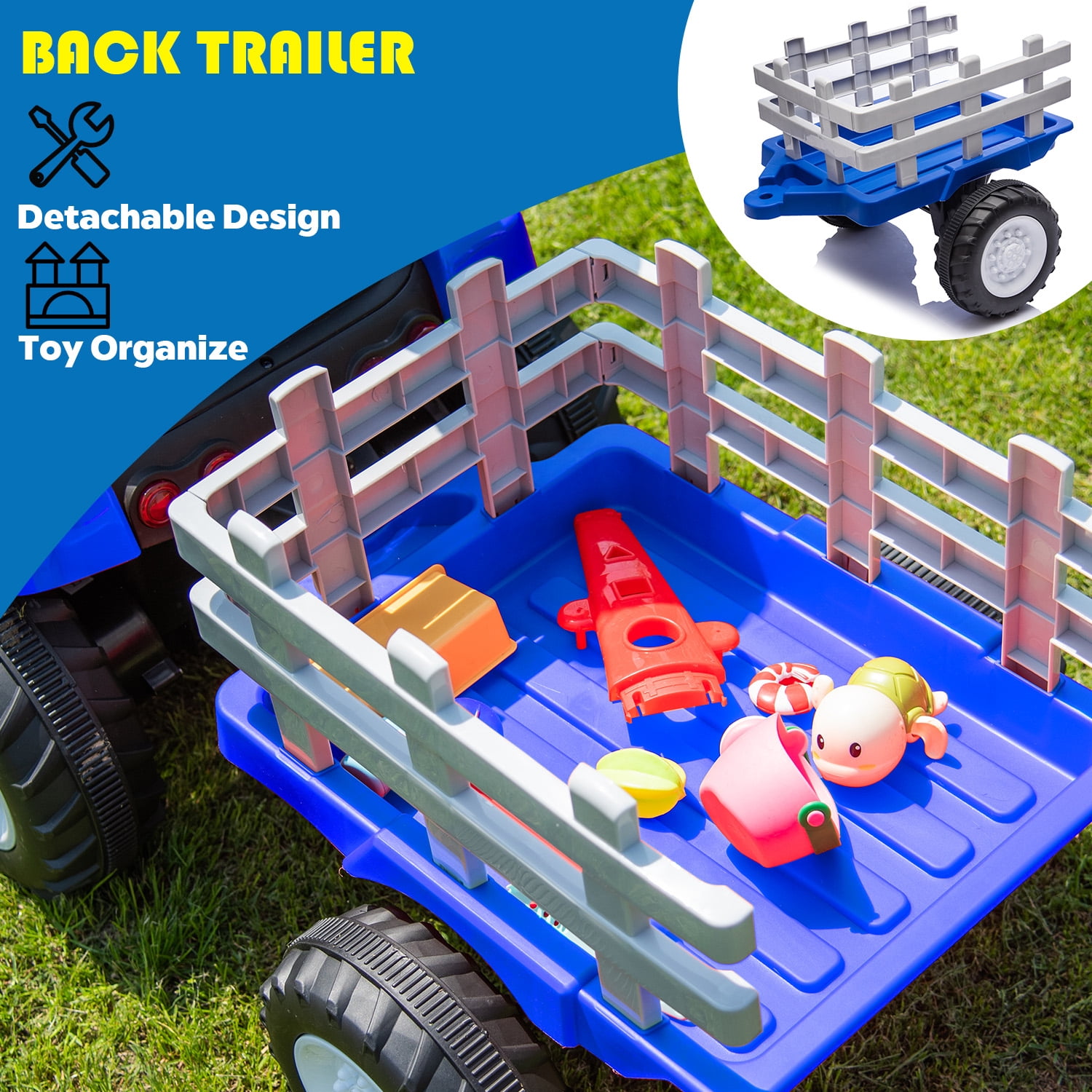 XCLOUD 12V Toy Tractor with Trailer, Remote Control, Kids' Electric Excavator Vehicles with 2x35W Dual Motor, Treaded Tires, LED Lights, USB, Music, Blue