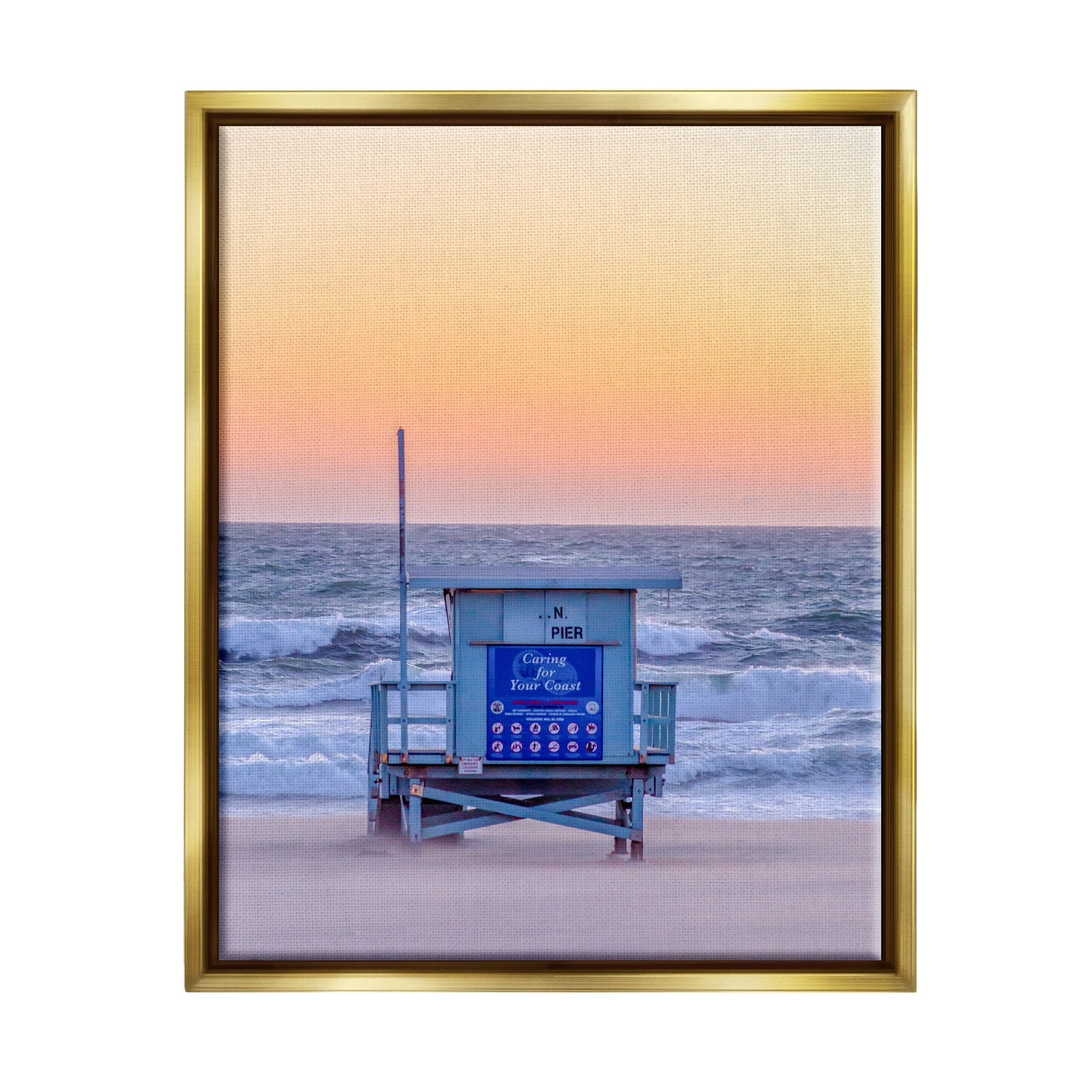 Stupell Industries Tranquil Orange Sunset Beach Hut Ocean Shore Photograph Metallic Gold Floating Framed Canvas Print Wall Art, Design by Jeff Poe