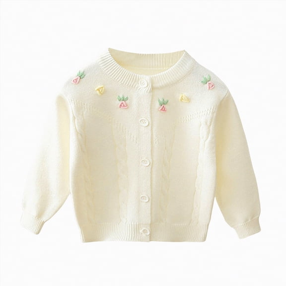 Hessimy Girls Warm Sweater For Girls Kids, Knitted Sweater Round-Neck, Long Sleeve Solid Color, Girls Cardigans Winter Sweaters To Warm Up Outerwear (White,18-24 Months)