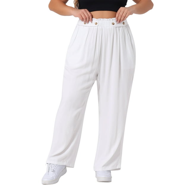 Pantalones Palazzo de Talla Grande para Mujer GRACE & GRANDEUR, Ajustados, de Cintura Alta, de Pierna Ancha con Bolsillo 1X Blanco