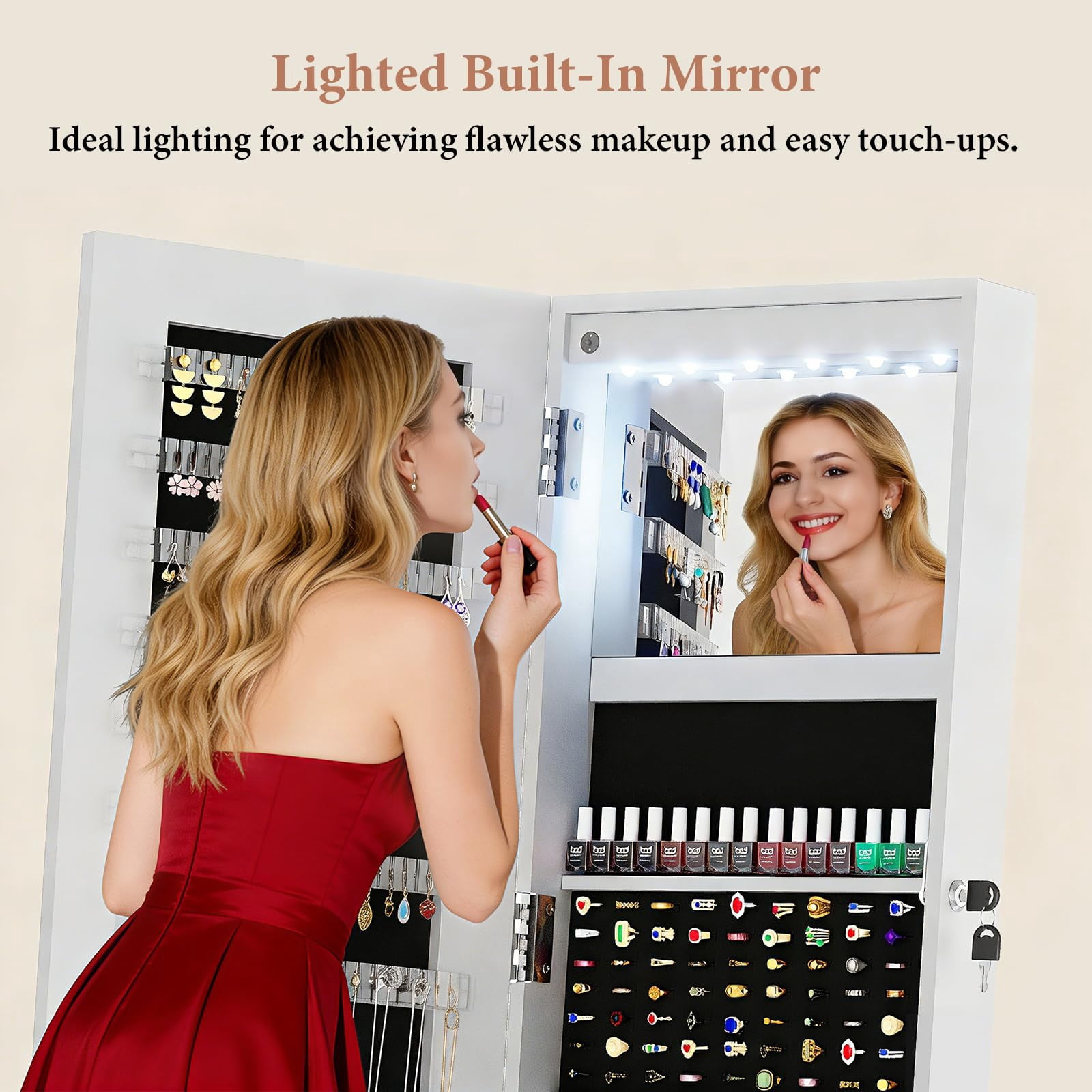 5 in 1 Standing Jewelry Armoire with LED Lights, 360° Swivel Jewelry Cabinet Organizer with Drawer & Full Length Mirror, White