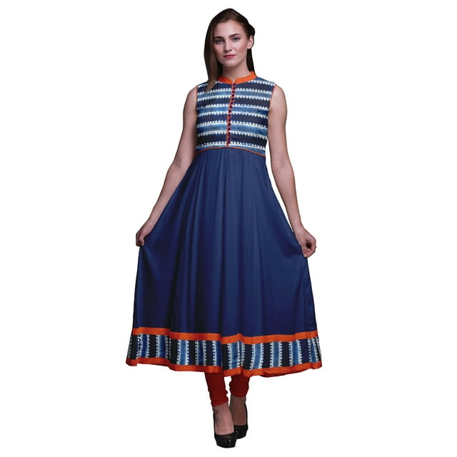 Bimba Robe Anarkali à Col Mandarin Imprimée Shibori Indigo Blue4 pour Femme, Kurta Ethnique Indienne, XX-Grand