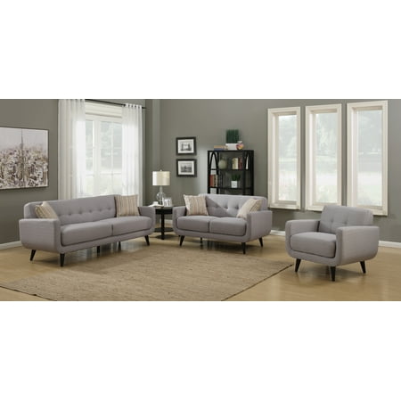 Tufted Sofa Set Crystal Collection Upholstered Mid-Century 3-Piece Living Room Set with Tufted Sofa, Loveseat, and Arm Chair and 4 Accent Pillows, Gray ()