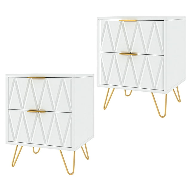 Kepooman 2pcs Night Table, Nightstand Side Table with 2 Drawer for Living Room, White