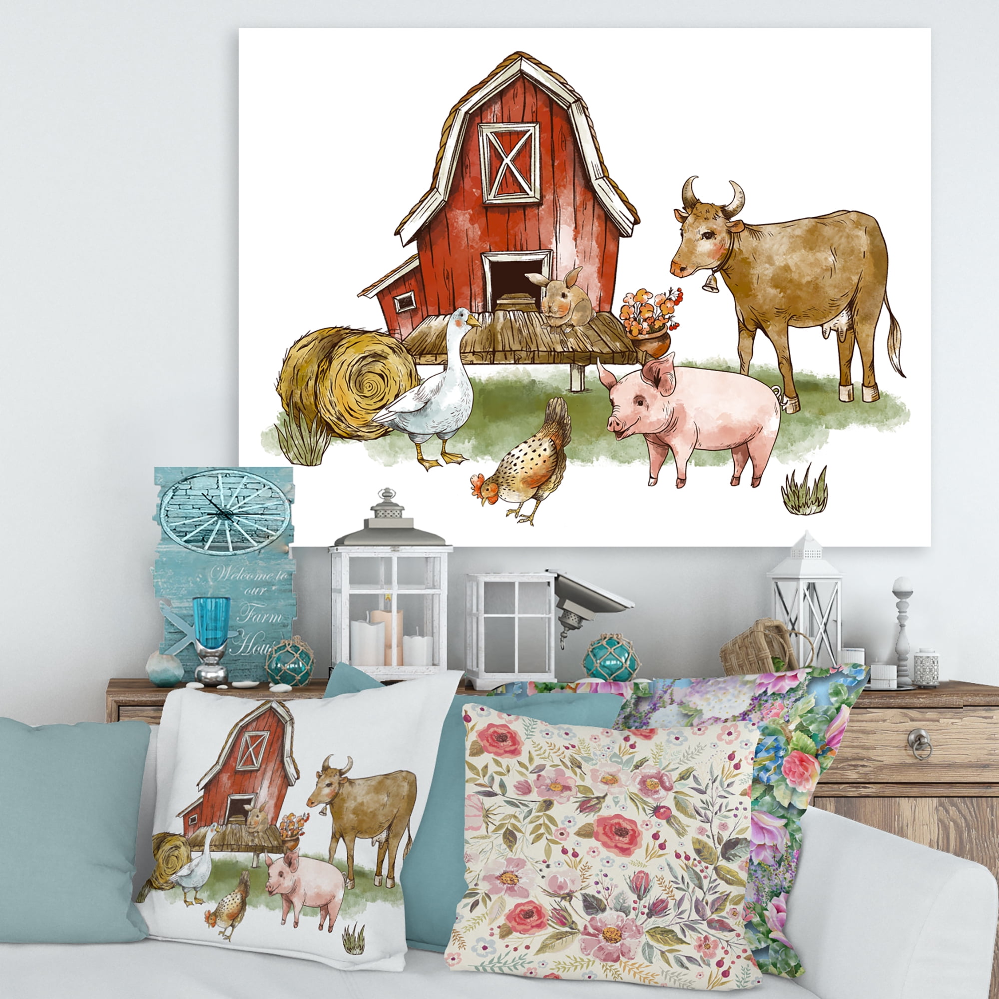 Farm House With Goose Cow Pig Chicken and Haystack 32 in x 24 in Painting Canvas Art Print, by Designart