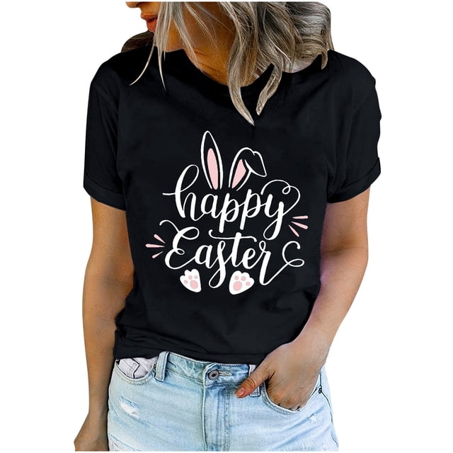 Bowake Easter T-Shirts pour Femmes Manches Courtes Col Rond T-Shirts Easter Joyeux T-Shirts Graphiques Mignons Hauts d'Été Décontractés