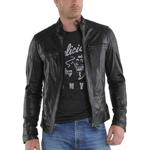 Men's Genuine Lambskin Black Leather Jacket Motorcycle Biker Jacket A914
