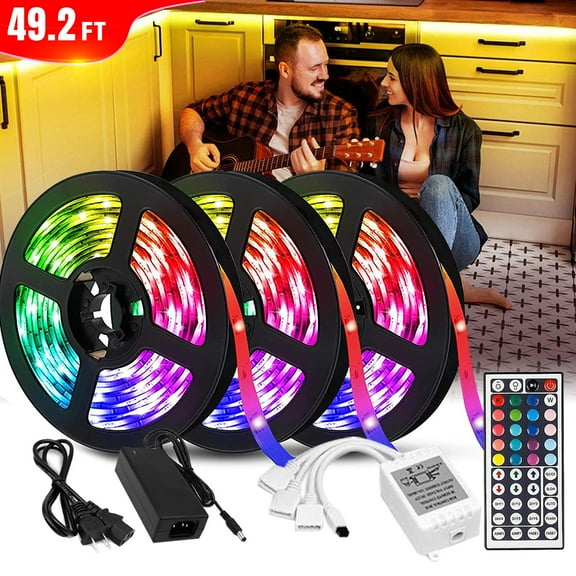 TYNZEO 49.2ft/15M Waterproof LED Strip Lights, Color Changing Flexible Light Strips, RGB LED Light Strip Kit with 44Key Remote Controller and 12V DC Power Supply for Kitchen Bedroom Party