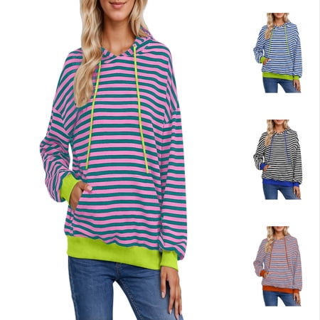 Arlun Womens Striped Oversized Sweatshirts Long Sleeve Color Block Hoodies Soft Comfort Loose Lightweight Hooded Pullover Top Fall Lightweight Drop Shoulder Hoodie with Pocket 1-Red XL