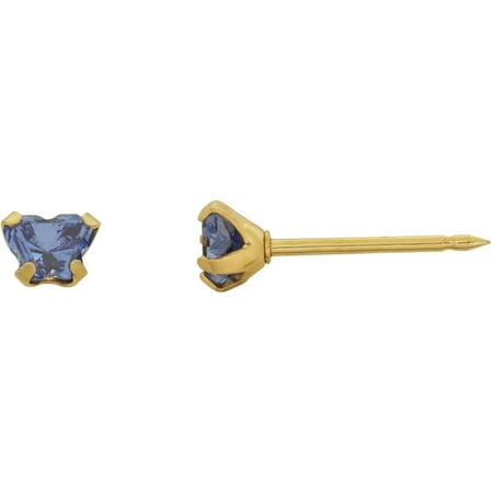 Home Ear Piercing Kit 24kt Gold-Plated Stainless Steel Butterfly CZ September Birthstone Earrings with Bonus Matching Necklace, 14 Inch Chain