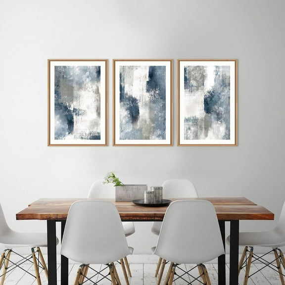 UNFFRAMED Luvia Set of 3 Abstract Navy Blue Gray Poster, Neutral White Brush Stroke Wall Art, Minimal Color Block Shapes Prints for Modern Living Room or Farmhouse Decor Set 3 Prints 8x12