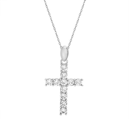 Ladies Faceted Crystal Cross Cable Chain Necklace in Sterling Silver made with Swarovski Crystals (Color: Crystal)