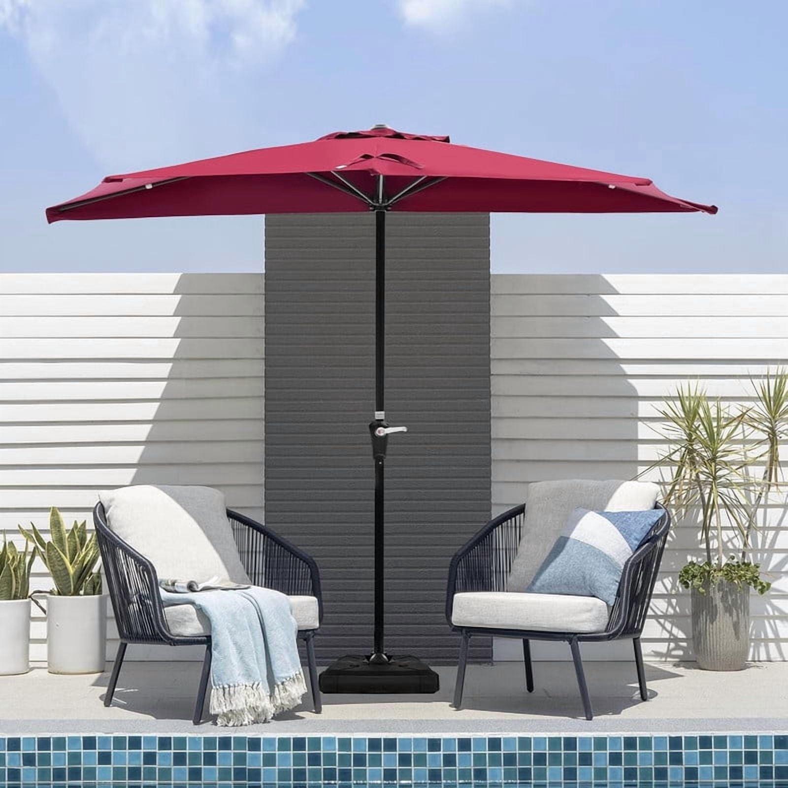 Simenmax 9 FT Half Umbrella Outdoor Patio, Scalloped Half Umbrella with Crank, Space-Saving Design for Poolside, Terrace,Red