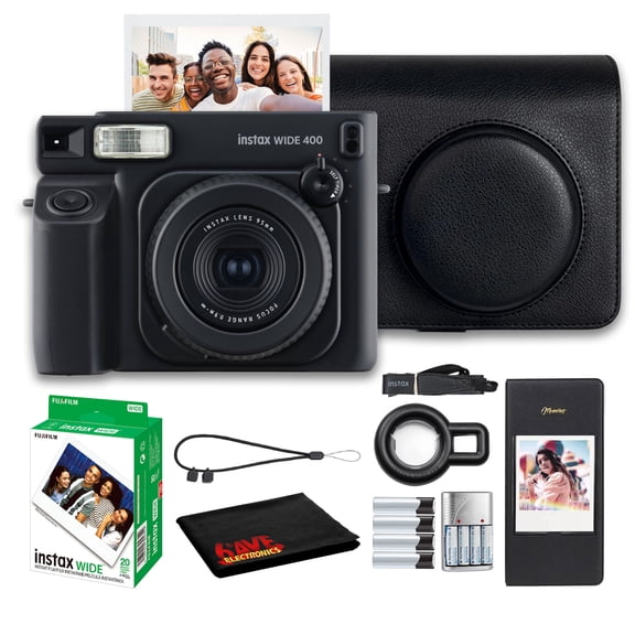 Fujifilm Instax Wide 400 Instant Film Camera (Black) Bundle with Fuji Instax-Wide Instant Film Color Print (20 Sheets)   Vintage Style Compatible Carrying Case   Photo Album   More