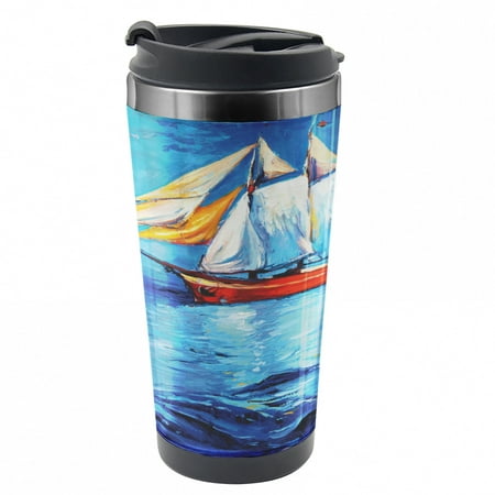 

Nautical Travel Mug Sail Boat Art Picture Steel Thermal Cup 16 oz by Ambesonne