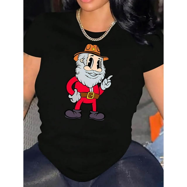 Women's Cartoon Cowboy Santa Graphic Tee - Casual Round Neck Short Sleeve T-Shirt, Soft Polyester Blend, Fun Holiday Summer Top, White