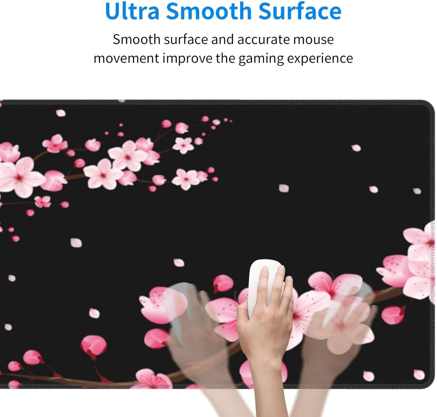 Pink Cherry Blossom Mouse Pad 31.5x11.8 Inch Black Japanese Anime XL Large Gaming Extended Mousepad Big Desk Pad Stitched Edges Rubber Keyboard Mat for Office Desktop