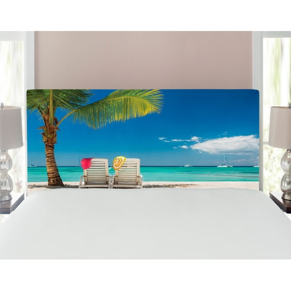 Seaside Headboard, Relaxing Scene on Vacation Beach Palm Tree Chairs and Boats Panoramic Picture, Upholstered Decorative Metal Bed Headboard with Memory Foam, Full Size, Green Blue, by Ambesonne