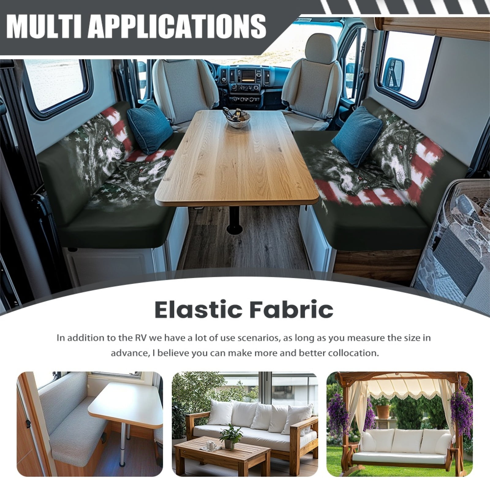 Kuiaobaty Vintage Wolf American Flag Pattern RV Dinette Cushions Covers Couch Cushion Slipcovers with Elastic Band RV Sofa Seat Slipcovers Universal Fit Travel Trailer Couch