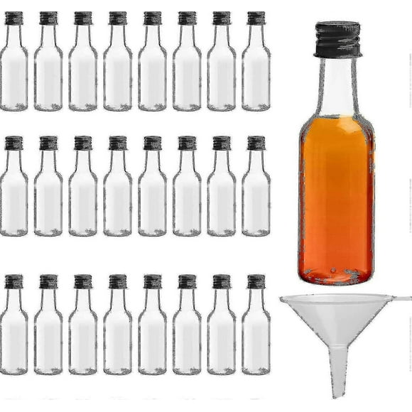 Mini Liquor Bottles (24 Pack) - Reusable Plastic 50ml Empty Spirit Bottles With Black Screw Caps And Liquid Funnel -Ao